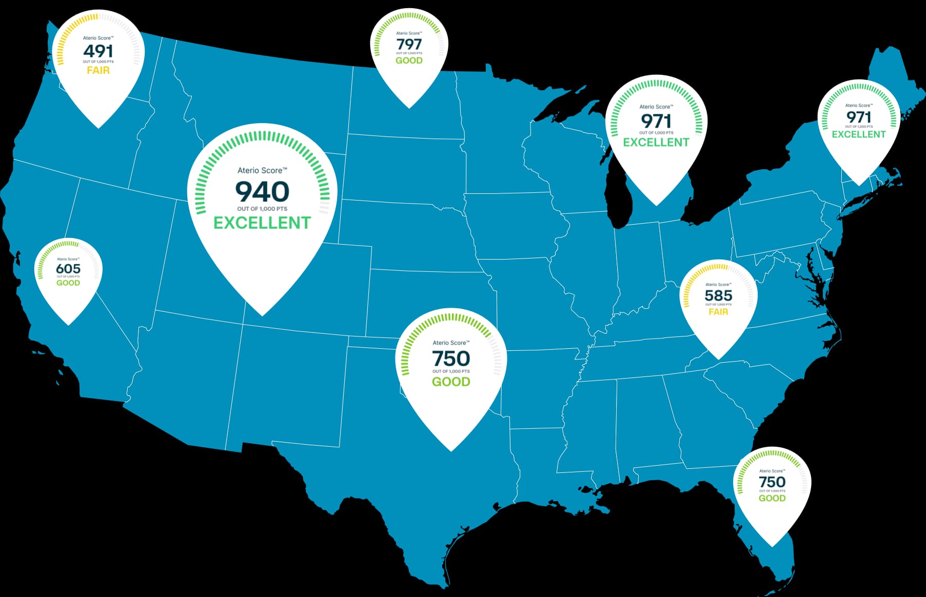 US map with AterioScore™ data